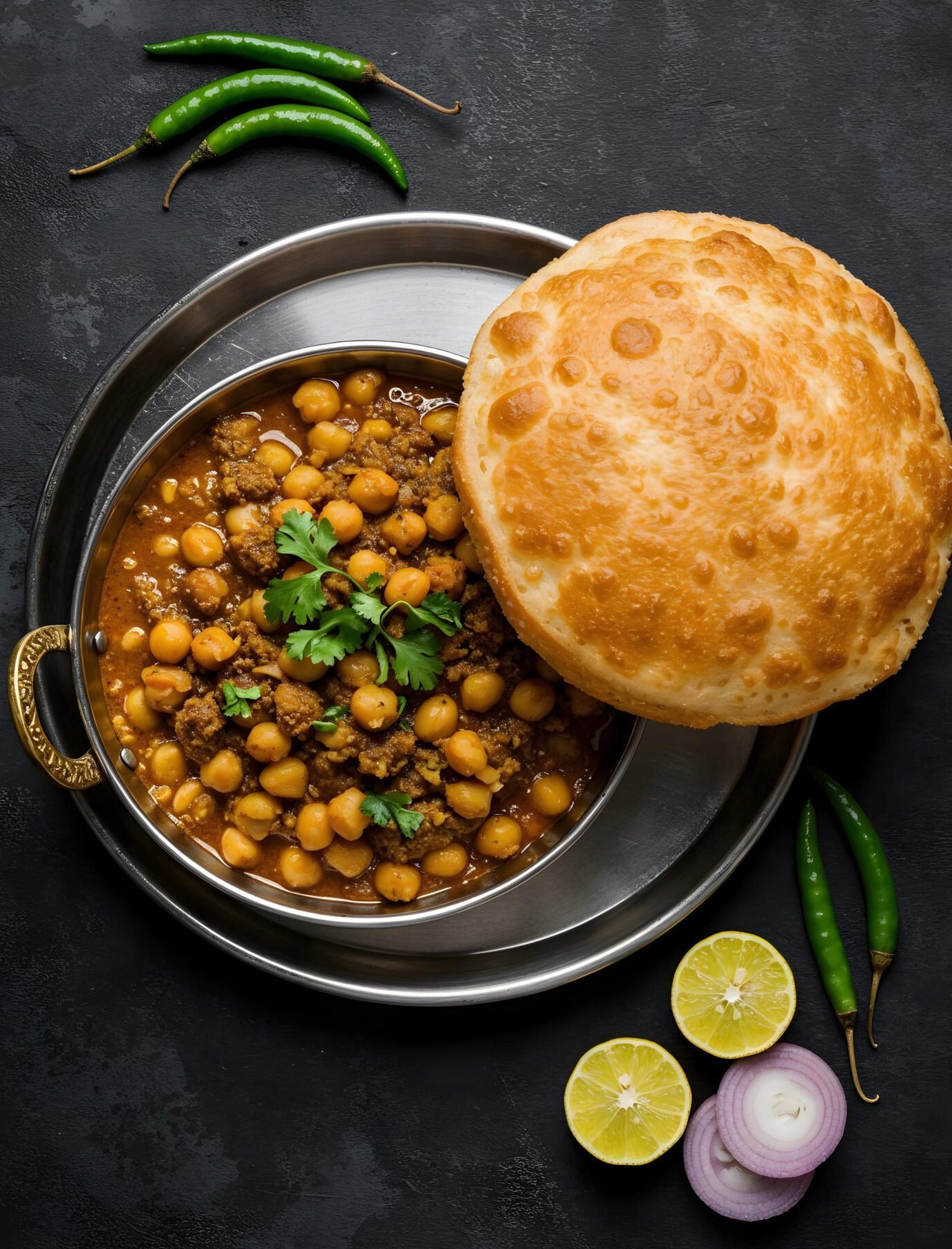 delicious indian chickpea curry with puri garnishes